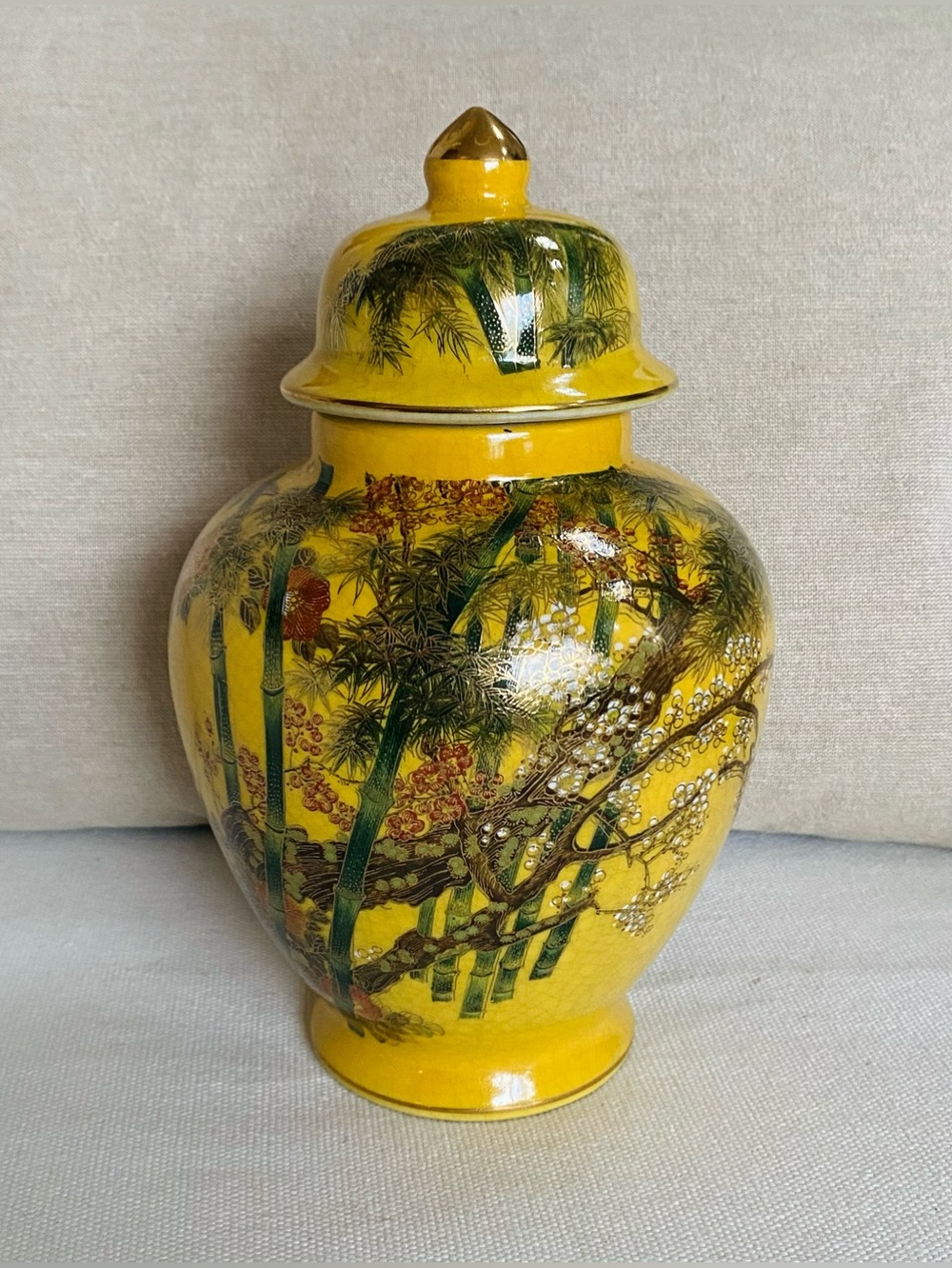 VTG Andrea by Sadek Yellow Chinoiserie Lidded Ginger Jar Vase Bamboo Floral